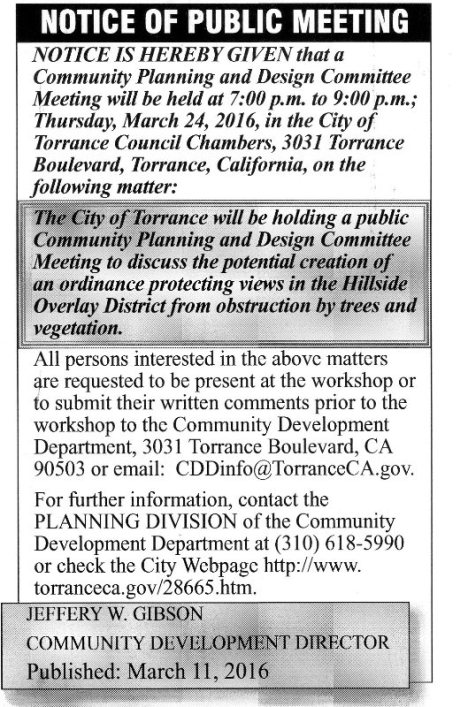 Notice for March 24 hearing on an ordinance to protect hillside views from obstruction by trees and vegetation
